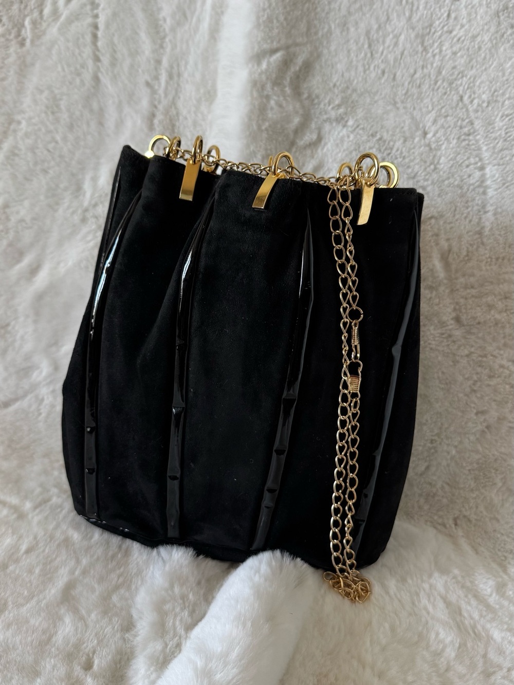 Black Suede Shoulder Bag with Gold Chain Strap